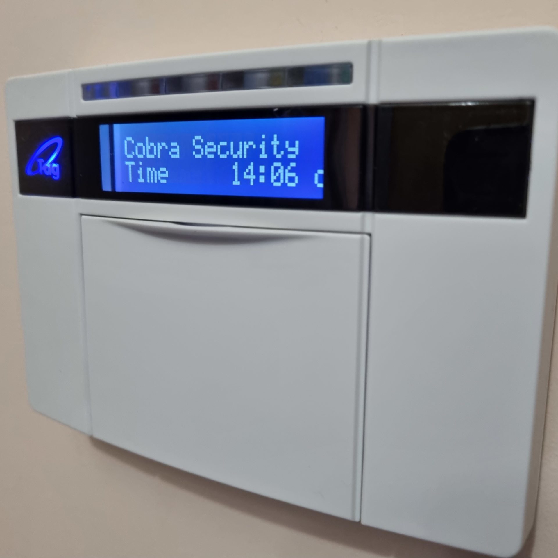 Image of a Intruder Alarm Kepad with a blue display