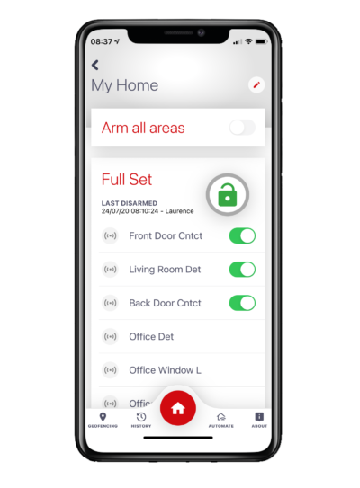 An image of a smart phone showing the app for the intruder alarm