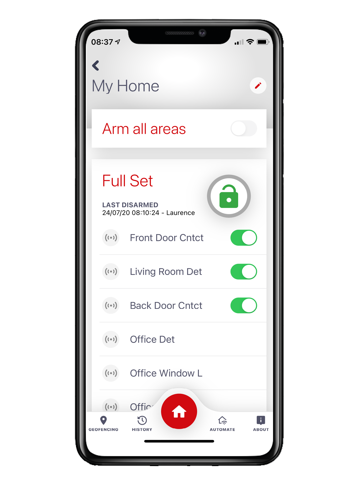 An image of a smart phone showing the app for the intruder alarm