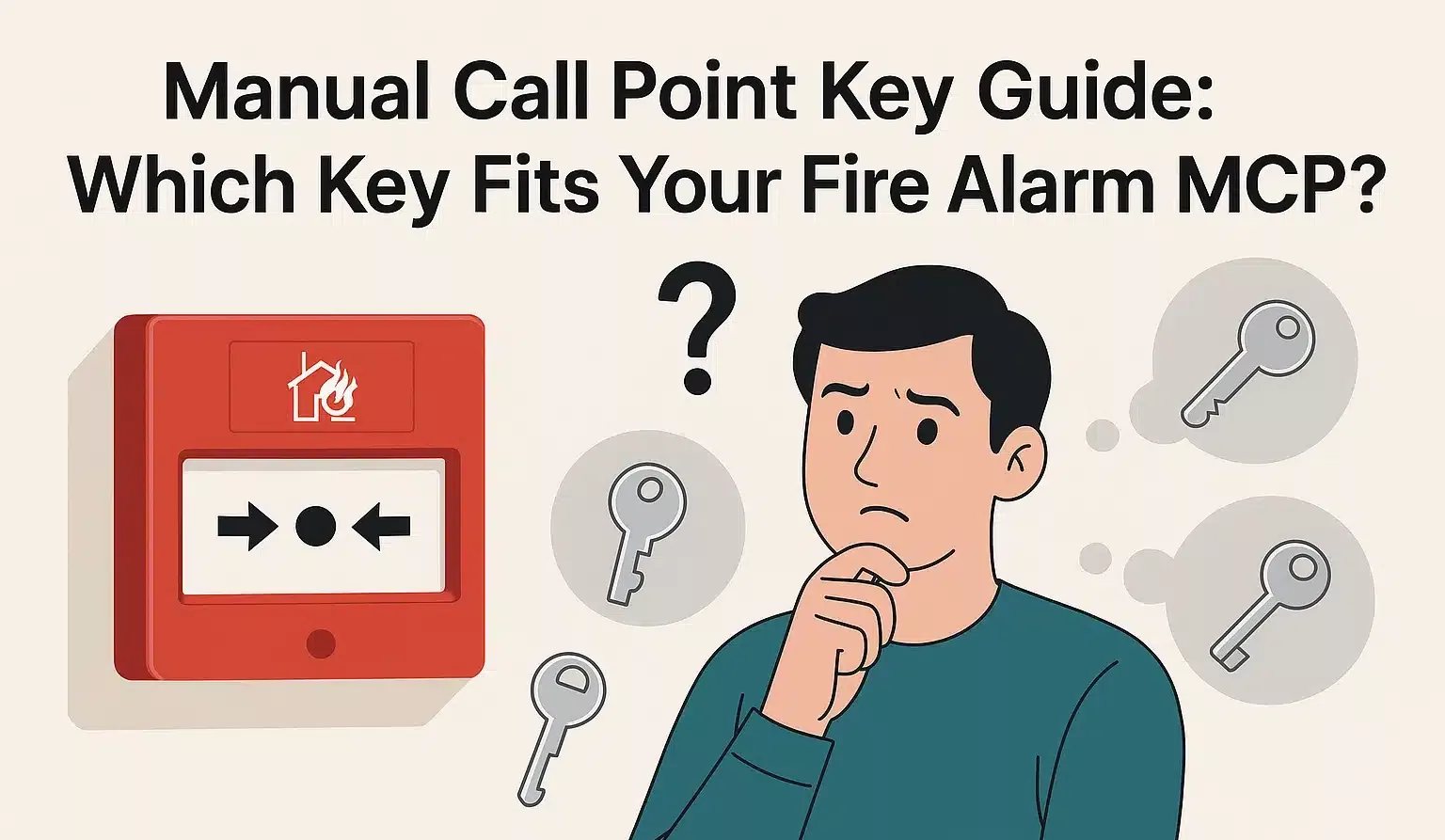 A puzzled technician looking at a fire alarm manual call point with different key types floating around, representing confusion over which key fits the MCP.