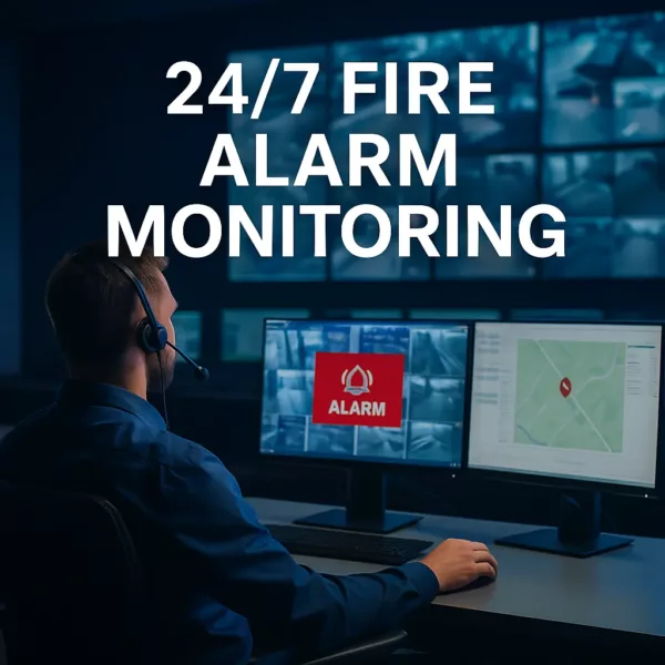 Fire alarm monitoring operator at a 24/7 control centre with alarm and location data visible on screens.