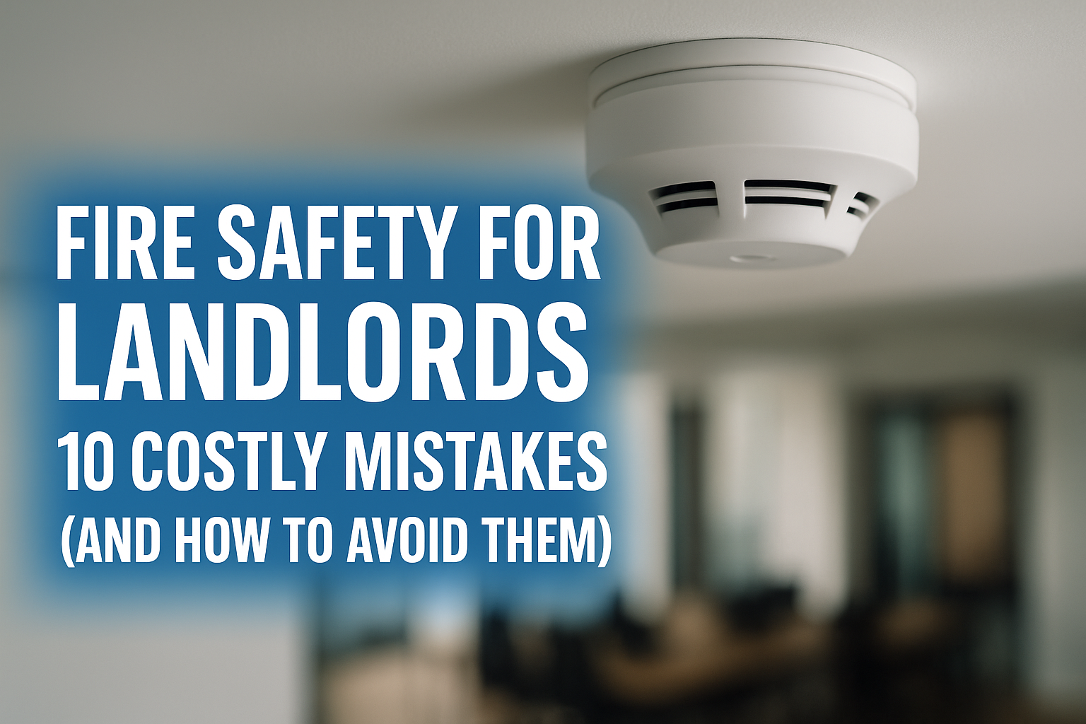 Fire safety guidance for landlords in 2025 showing smoke detectors, fire alarm panel, and emergency exit icons.