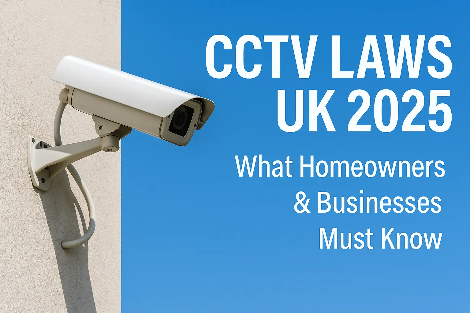 A modern white CCTV security camera mounted on a beige wall against a clear blue sky, with bold white text overlay reading “CCTV Laws UK 2025 – What Homeowners & Businesses Must Know.