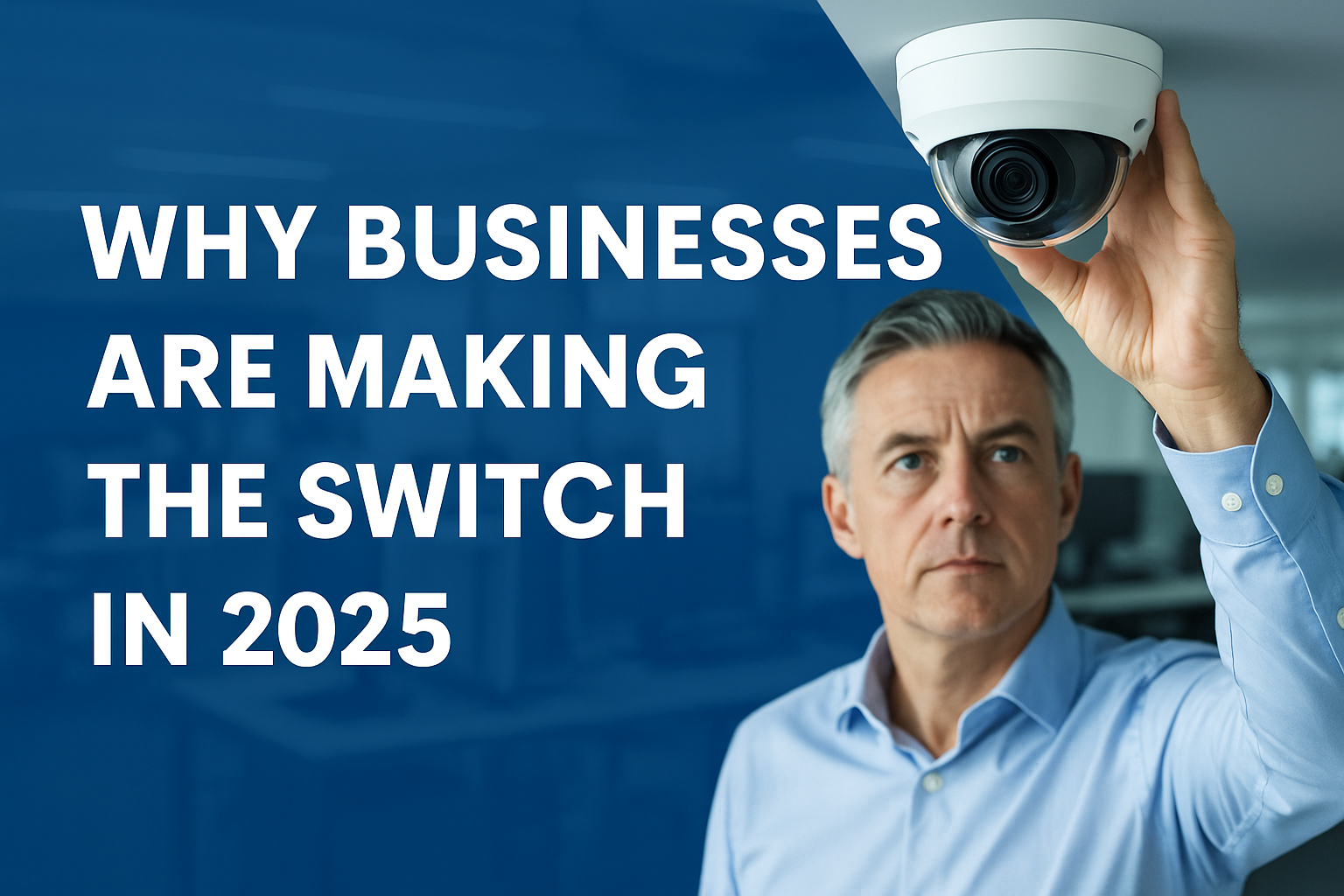 Business professional installing a dome CCTV camera in a modern office, with bold text overlay reading ‘Why Businesses Are Making the Switch in 2025'.