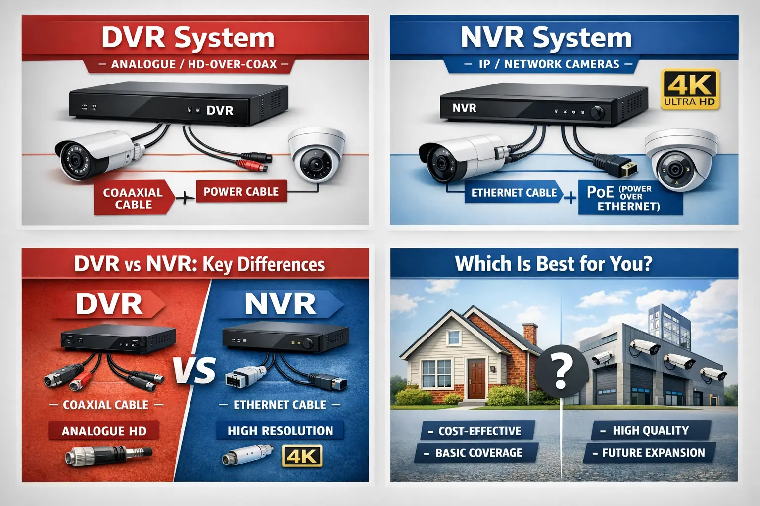 DVR vs NVR CCTV Comparison — Analogue vs IP Explained Infographic comparing DVR and NVR CCTV systems. The top panels show DVR with analogue HD-over-coax and NVR with IP cameras using PoE. The bottom panels list key differences in cabling, resolution and features, and help readers choose the best option for cost, image quality and future expansion.